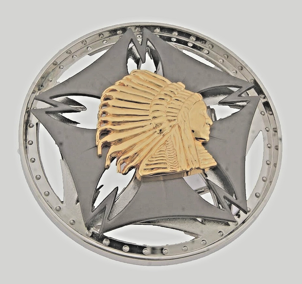 Native American Indian Chief Belt Buckle Vintage Spinner Gold Metal Men Women