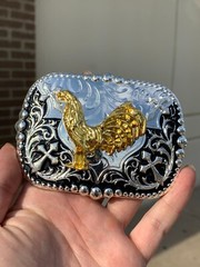Western Buckle Gold Black Silver Rooster Cowboy 2 »Buckle Hebilla Vaquero Gallo