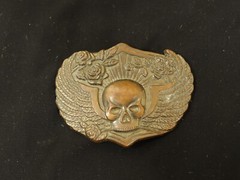Winged Head Skull Pewter Belt Buckle Vintage Brass Flying Skull With Roses, USA