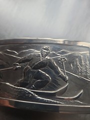 JUSTIN BELT CO. FORT WORTH TEXAS Vintage Skiing Silver Tone Belt Buckle