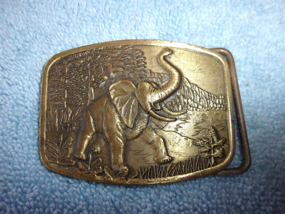 Vintage Astamar Belt Buckle Solid Brass Bull Elephant trunk up good luck
