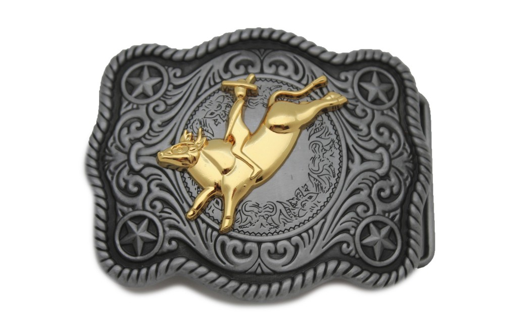 New Men Belt Buckle Dark Silver Metal Cowboy Western 3D Rodeo Bull Riding Gold