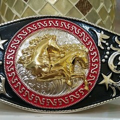 Running horses Western Men Long belt Buckle 7×3.5 silver, red and black oblong