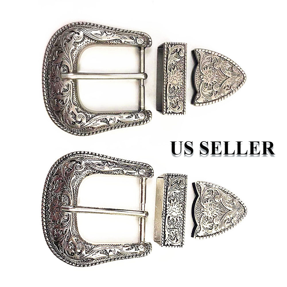 Silver Western Floral Engraved Cowboy Belt Buckle Three Piece Set Unisex 1-1/2&Prime;