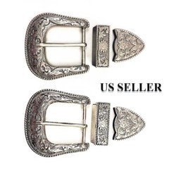 Silver Western Floral Engraved Cowboy Belt Buckle Three Piece Set Unisex 1-1/2&Prime;