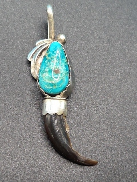 Vintage Signed SON OF BEAR Navajo Silver Turquoise, & Faux Bear Claw Pendant