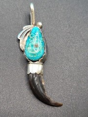 Vintage Signed SON OF BEAR Navajo Silver Turquoise, & Faux Bear Claw Pendant