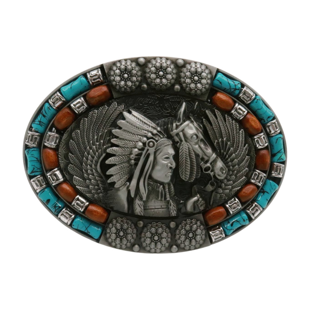 Men Silver Metal Belt Native American Warrior Horse Brown Turquoise Blue Brown