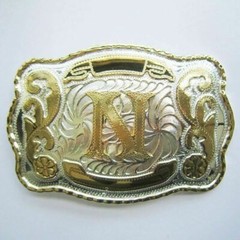 Initial « N » Letter Large Gold & Silver Rodeo Western Cowboy Metal Belt Buckle