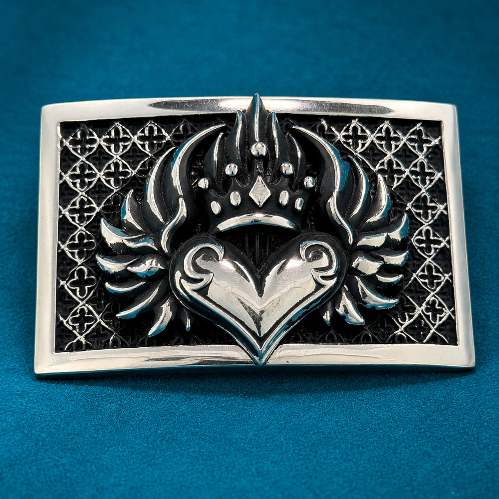 Vintage King Baby Belt Buckle Heart Crown Wing Silver Tone 3.5” x 2.0”