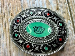 Southwestern Tribal Pattern Blue Red Enamel Colored Belt Buckle in New Condition