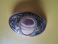 Vintage Western Oval Belt Buckle Silver Tone w/ Agate Stone Cowboy Rodeo