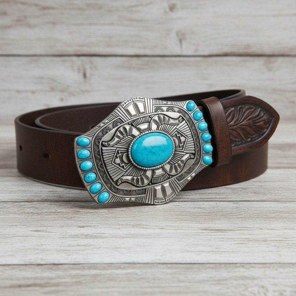 Men Women Silver Metal Big Belt Buckle Southwestern Ethnic Turquoise Blue Beads