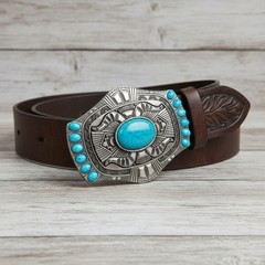Men Women Silver Metal Big Belt Buckle Southwestern Ethnic Turquoise Blue Beads