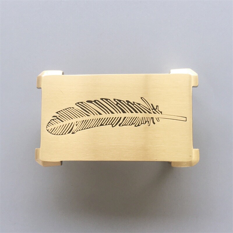 Feather Rectangle Solid Brass Metal Belt Buckle