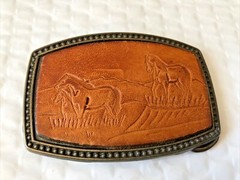 Rectangle Leather and 681 Brass Belt Buckle Horses in a field