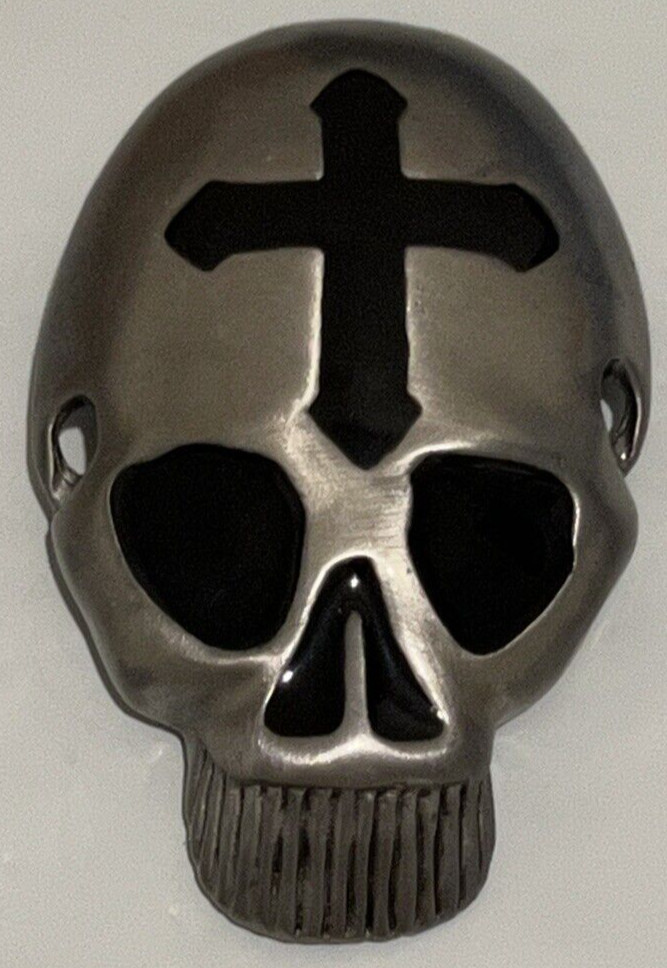 Skull Skeleton Head Metal Belt Buckle Biker Style Silver Tone Cross Gothic