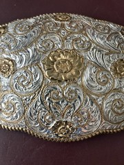 Crumrine Western Belt Buckle Two Tone Silver Gold Floral Scroll El Arturo Bronze