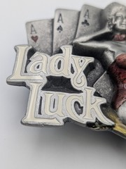 Vintage 1991 Lady Luck Belt Buckle – Dragon Designs Pewter Pin-Up Gambler DD109