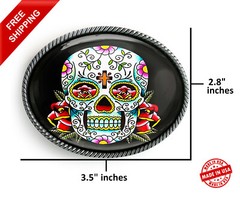 Day of the Dead Sugar Skull Silver Oval Halloween Handmade Belt Buckle – 55