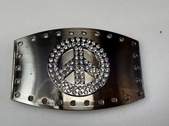 Jeweled Peace Sign Studded Rhinestone Silver Tone Belt Buckle W/ Hole Border