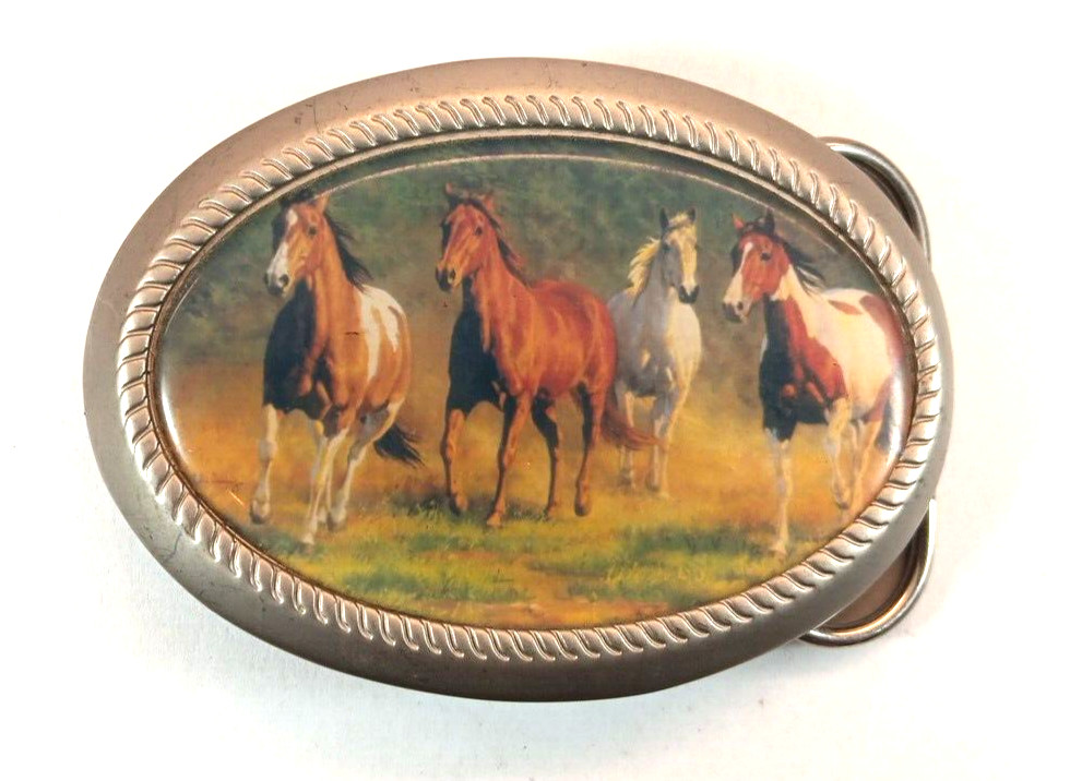 Running Horses Western Metal Belt Buckle With Celluloid/Vinyl Insert