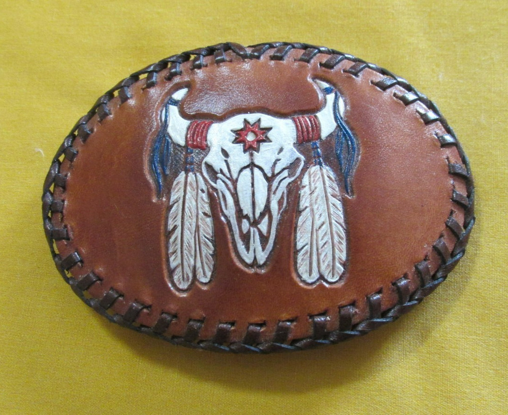 Leather belt buckle hand made Buffalo Skull design
