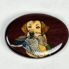 Vintage Hand Painted Wood Belt Buckle Yellow Labrador Retriever Mallard Duck Dog