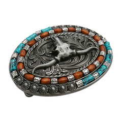 Men Dark Silver Metal Belt Buckle Western Fashion Bull Long Horn Texas Cow Skull