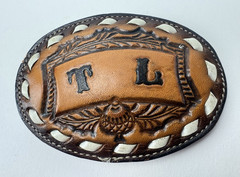 Vintage TONY LAMA Leather BELT BUCKLE 3-3/4&Prime; x 2-3/4&Prime; Initials T-L