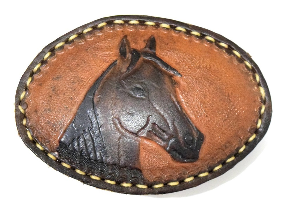 Vintage Tooled Leather Horse Belt Buckle Western Equestrian Brown Oval