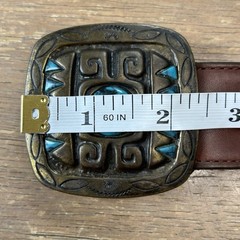 James Reid Leather Belt Size 37 Turquoise & Bronze Native American Belt Buckle