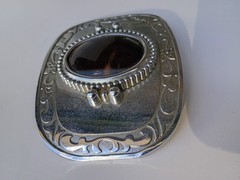 Vtg. Metal Belt Buckle With Black Center stone Floral Marked DD