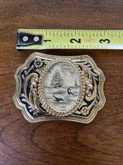 Hand Etched Belt Buckle With Clipper Ship Whales Hawaii Nautical