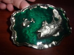 GREEN ENAMEL & METAL FISHING BELT BUCKLE