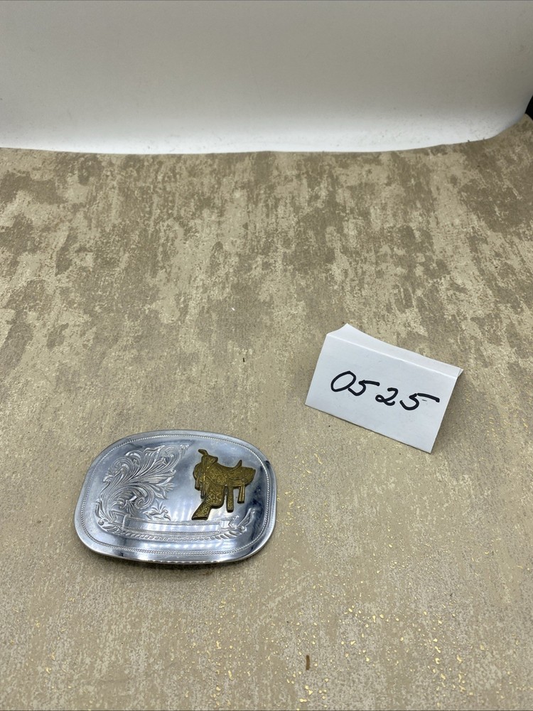 Vintage Belt Buckle Bronco Saddle Chrome 3.5”