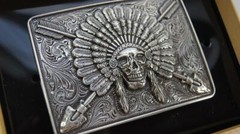 Ariat Western Mens Rectangle Belt Buckle Chief Skull Arrowheads Silver A37009