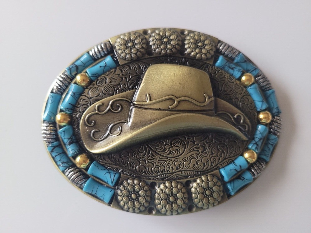 Brass Finish 4&Prime; Buckle Western Belt Buckle W/ Turquoise Stone Cowboy Hat