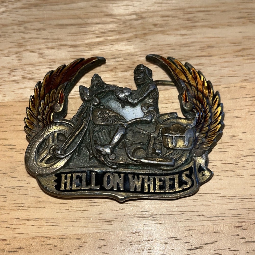 Vintage Brass Hell On Wheels Winged Biker Skeleton Motorcycle Belt Buckle