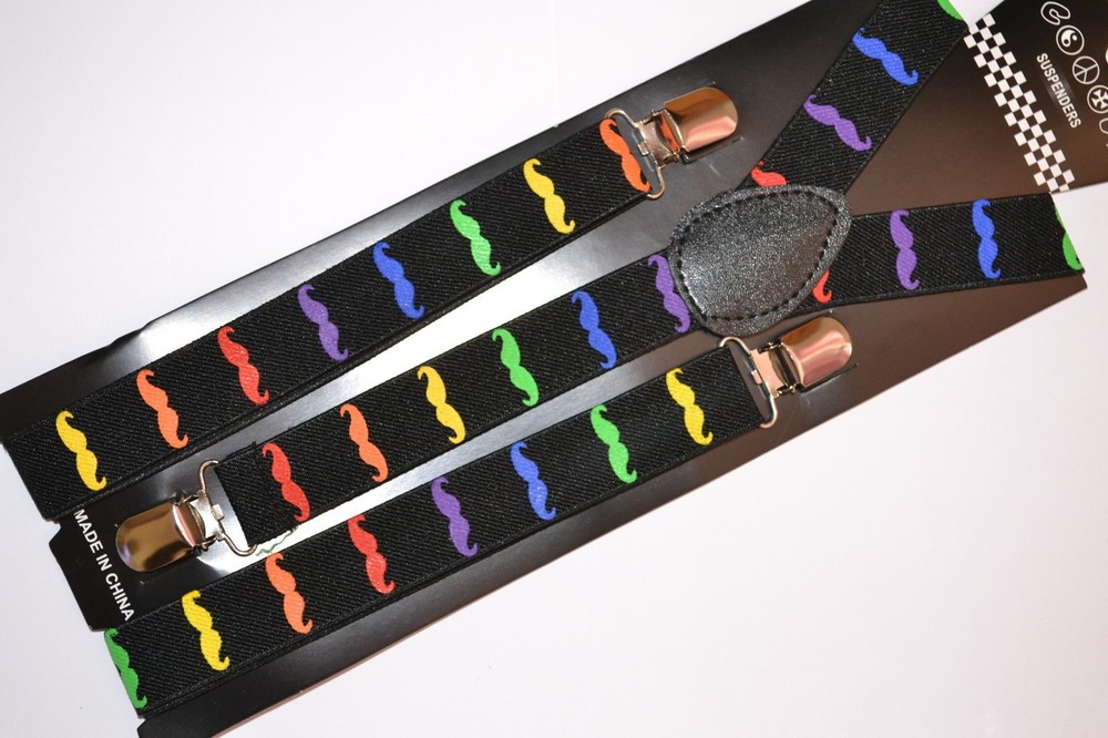 Rainbow Mustache SUSPENDERS Adjustable Thin 1 inch Retro Cool
