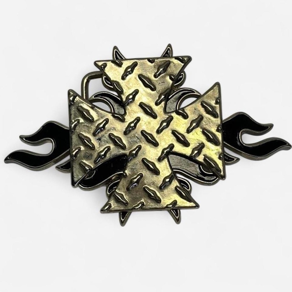 Diamond Plate Silver Belt Buckle Iron Cross and Flames Large Belt Buckle Goth