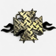 Diamond Plate Silver Belt Buckle Iron Cross and Flames Large Belt Buckle Goth