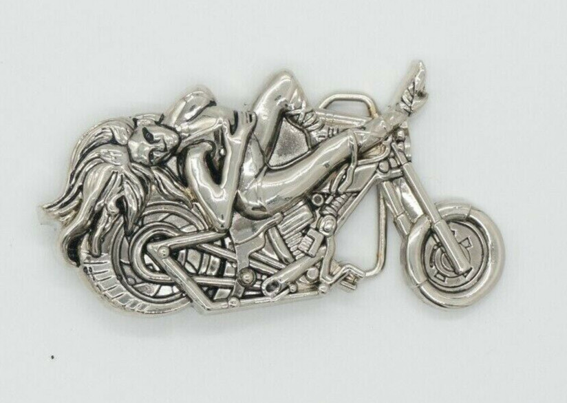 Sexy Biker Girl on Motorcycle Belt Buckle American Western Silver Vintage Buckle