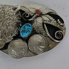 Keams Chee Navajo Belt Buckle Buffalo Head 1937 Indian Coin Turquoise Coral Vtg