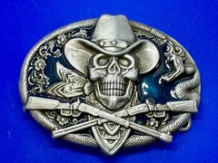 Cowboy Skull Bandana W/ Crossed Rifle Snakes Blue Background Western Belt Buckle