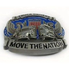 ‘Truckers Move The Nation’ • Double Eagle Western 3D Belt Buckle • Blue Enamel