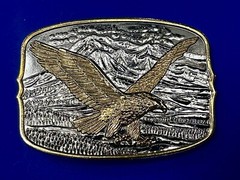 Vintage Soaring Patriotic USA Eagle Hawk w/ Mountains Belt Buckle 3.5” x 2.5”