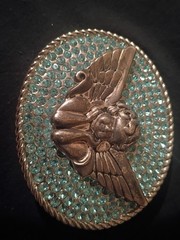 C. Russo Co. Angel Belt Buckle Rope Edge Gold Tone Blue Textured 1.5in