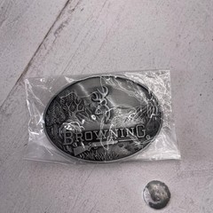 Browning Belt Buckle Mens Silver Oval Deer Rifle Mountain Hunting Logo Western