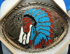 Vintage c 1988 Native American War Bonnet Belt Buckle | Inlaid Turquoise & Coral